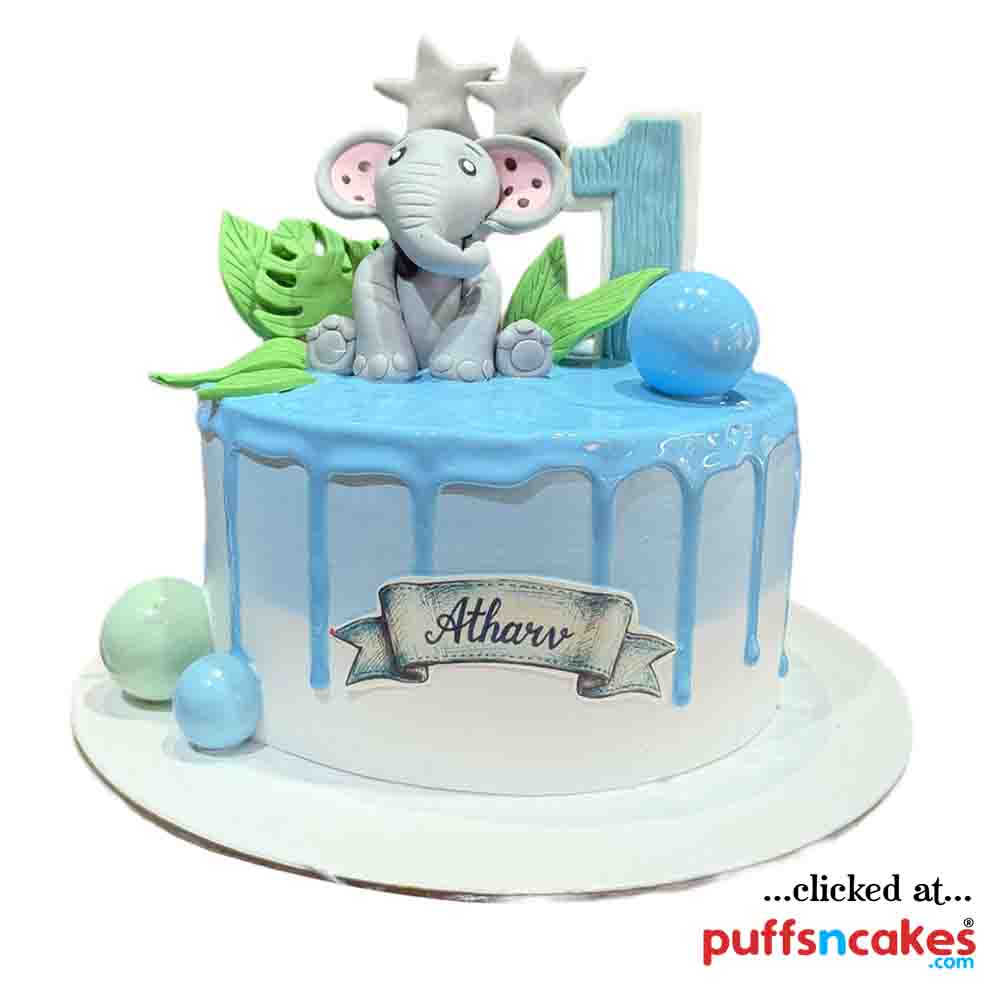 (2563) King Elephant Cute Animal Theme First Birthday Cake